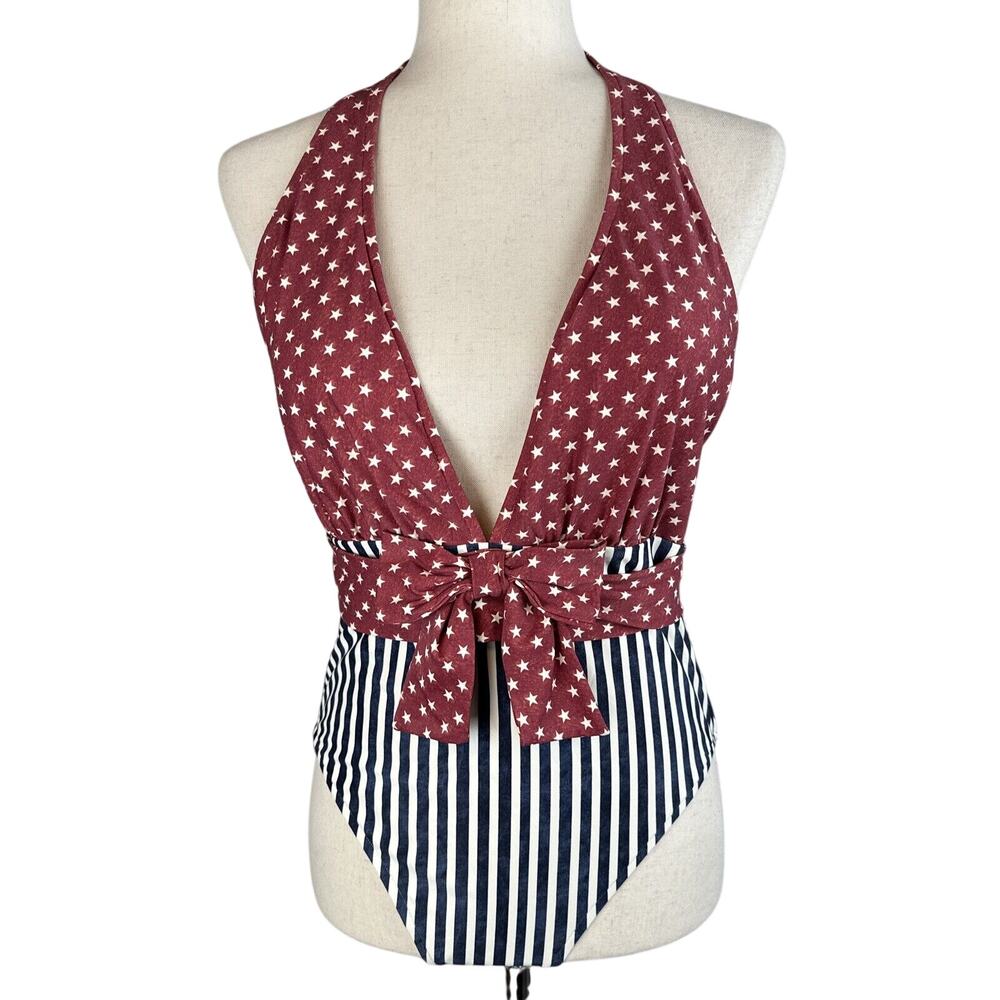 We Wore What Brooklyn Halter Bow Front One Piece Size L Dress Blues Stars Stripe